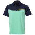 A short-sleeved polo shirt is displayed featuring a light green body with a dark blue collar and sleeves yellow and white horizontal stripes across the chest showcasing a logo on the left side.