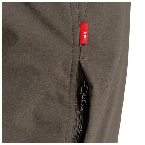 A close-up view of a green fabric featuring a zipper and a prominent red label that reads NOSILIFE, indicating a garment designed for outdoor use.