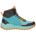 A high-top athletic shoe features a teal upper with orange accents and black details showcasing a sturdy sole designed for comfort and grip suitable for outdoor activities.