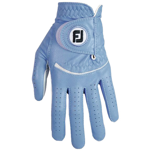 A light blue golf glove is resting with an open palm showcasing perforations for breathability and a secure wrist closure featuring a logo on the back for brand identification.