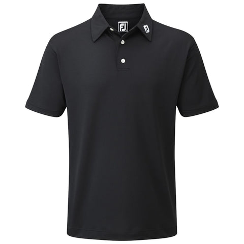 A black polo shirt made of smooth fabric is displayed frontally with a buttoned collar and short sleeves featuring two white logos on the collar area