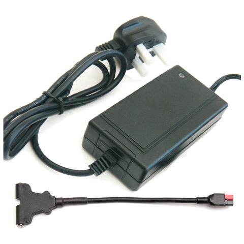 A black power adapter is connected to a three-prong plug on one end and has a two-part output cable on the other end for connecting to a device in a home or office setting.