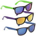 Three pairs of sunglasses are stacked with green purple and blue arms and reflective lenses showing different color gradients placed against a plain backdrop.