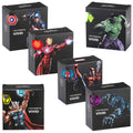 Boxes feature various Marvel superheroes including Captain America Iron Man Hulk Thor Spider-Man and Black Panther each displaying vibrant colors and action poses with the text 3-PIECE PREMIUM BALL VIVID