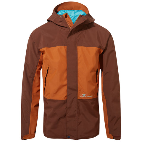 A brown and orange hooded jacket hangs upright showing a checkered pattern on the upper part with a blue interior lining and pockets on the sides designed for outdoor activities.