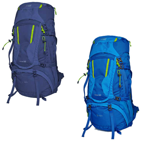 Two large hiking backpacks are displayed side by side. One is dark blue with bright green accents while the other is a lighter blue with similar accents. Both bags feature multiple compartments and straps for gear attachment.