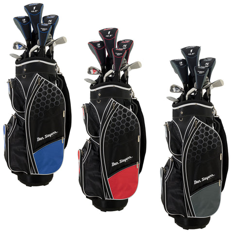 Ben Sayers Mens M8 Cart Bag Full Package Set Three golf bags stand side by side showcasing different color accents blue red and gray while holding various golf clubs in their top compartments. The bags are designed with a hexagonal pattern and zippers.