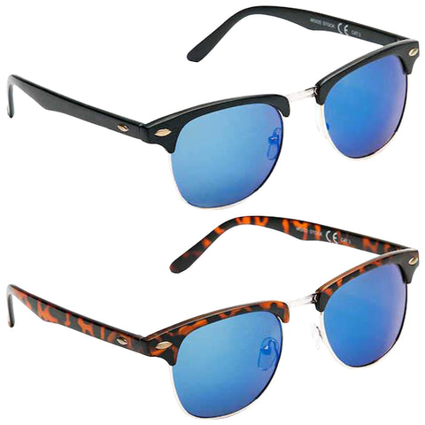 Two pairs of sunglasses are displayed. The top pair has a black frame with blue lenses. The bottom pair features a tortoiseshell pattern also with blue lenses.