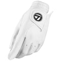 TaylorMade Ladies Left Hand Tour Preferred Golf Glove A white golf glove is displayed, featuring a logo on the wrist area and perforations for breathability, set against a plain background, emphasizing its design and functionality for golfing.