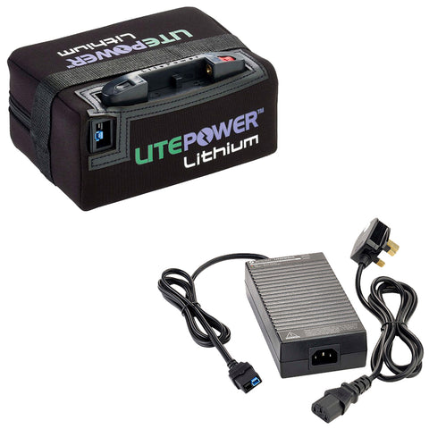 A rectangular lithium battery pack with a black fabric cover sits above a compact charger connected by wires to an electrical plug in a plain environment. Both items are designed for portable power solutions.