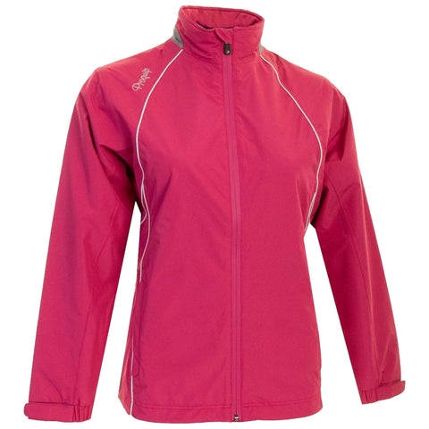 A bright pink jacket is displayed with a zipper and collar the jacket features white piping along the shoulders and sleeves designed for outdoor or active wear.