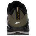 A black and olive sneaker stands upright showcasing its back with a textured sole and a yellow pull tab, suggesting it's designed for comfort and performance in athletic activities.