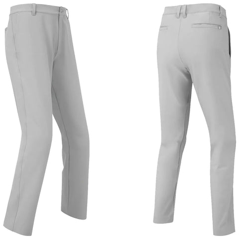 FootJoy Mens Performance Trousers Light gray pants are displayed from the front and back showcasing a straight-leg design and subtle seam detailing in a plain context with no background distractions.