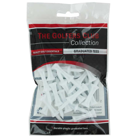 A clear plastic package filled with white graduated golf tees is displayed on a black background featuring red accents and text emphasizing quality golf essentials and the brand name.