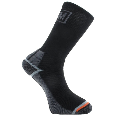 A black sock stands upright displaying a textured fabric with gray and orange accents on the heel and toe showing a sporty design suitable for active wear in various environments.