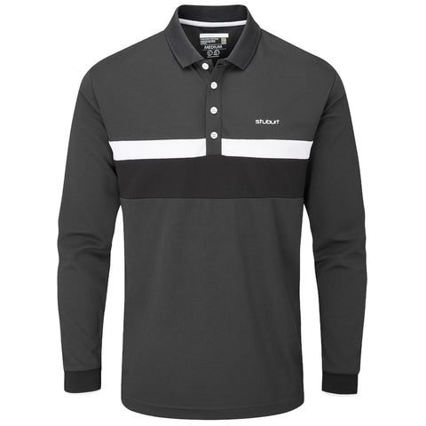 A long-sleeve polo shirt in dark gray features a white horizontal stripe across the chest and a black band beneath it with a logo on the chest.