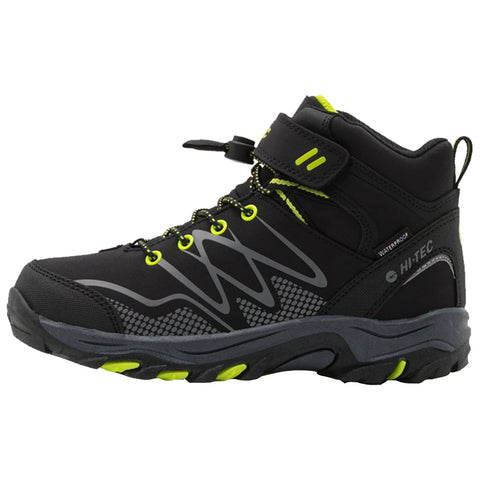 Black waterproof hiking boots feature bright green accents and a high-top design for ankle support are positioned on a white background showcasing their rugged sole and lacing system.