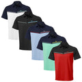 Five golf polo shirts are displayed in a row each featuring a contrasting collar and horizontal stripe design in various colors including white black navy blue mint green and red