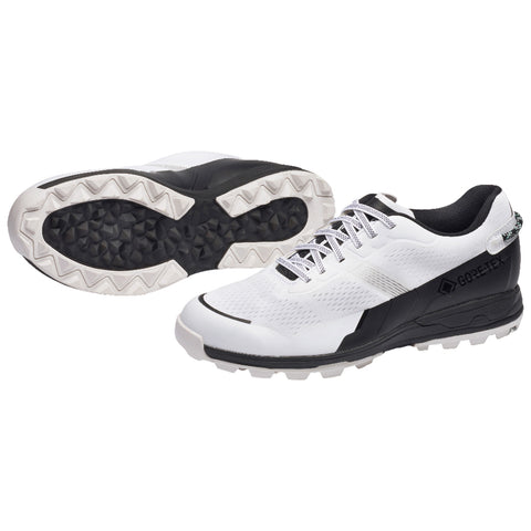 A pair of athletic shoes features a sleek design with a predominantly white upper and black accents the shoes are shown from the side and below highlighting their textured soles and lacing system