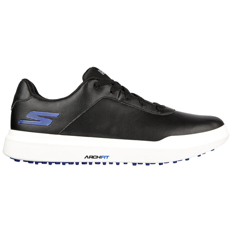 A black sneaker with a white sole features a blue logo and the text ARCHFIT on the midsole. It is positioned to showcase its design against a plain background.