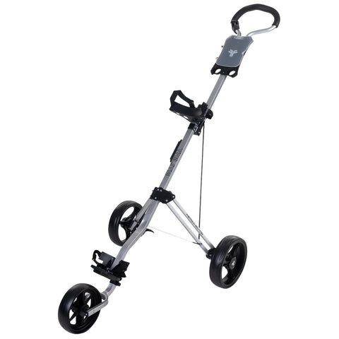 A golf push cart with three wheels is upright and ready for use it features a handle for pushing and a compartment for holding golf bags in a minimalistic design.