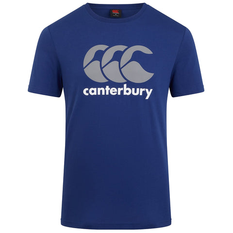 A blue t-shirt displays the text "canterbury" in white below three stylized grey waves, emphasizing a sporty brand design suitable for casual or athletic wear.