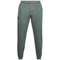 Green sweatpants are displayed from the back resting against a neutral background with a waistband and cuffed legs designed for comfort and casual wear featuring side pockets and a back pocket.