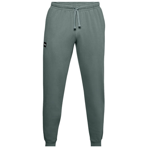 Green sweatpants are displayed from the back resting against a neutral background with a waistband and cuffed legs designed for comfort and casual wear featuring side pockets and a back pocket.