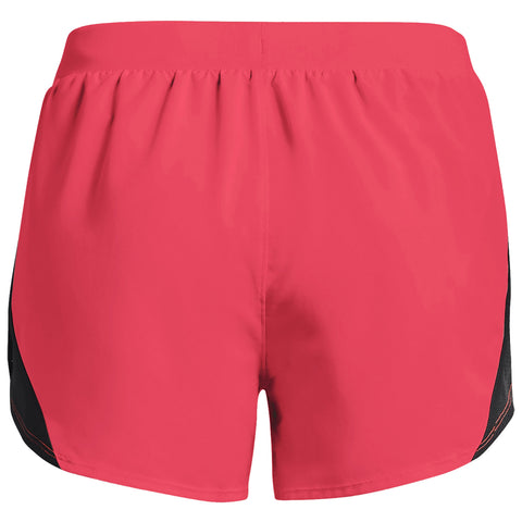 Bright pink athletic shorts with a black side panel are displayed facing away from the viewer showcasing a gathered waistband and smooth fabric in a neutral background.