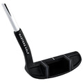 A black golf putter is positioned with its head facing forward the grip is marked with the text MASTERS GOLF indicating it is designed for golfing on a course or practice range.