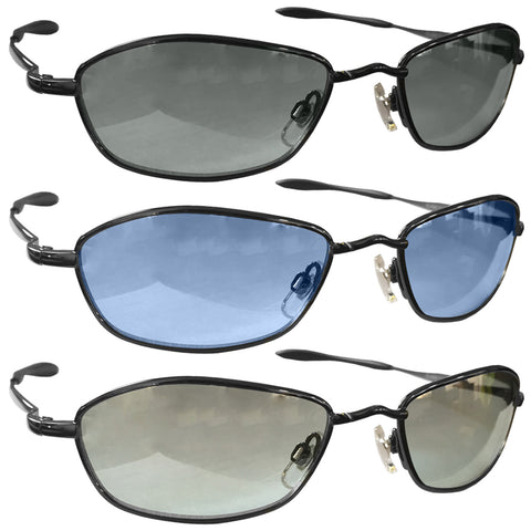 Eyelevel Ladies EL4680 Sunglasses Three pairs of sunglasses are displayed in a stacked arrangement with varying tinted lenses. The colors include dark grey blue and light grey, all set against a neutral background.