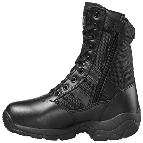 A black tactical boot features a sturdy leather and mesh design with laces and a side zipper for easy access situated against a neutral background showcasing its functionality and durability.