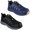 Two pairs of athletic shoes are displayed with one navy blue pair on top and one black pair below. Both feature modern design elements and textured surfaces suitable for active wear.