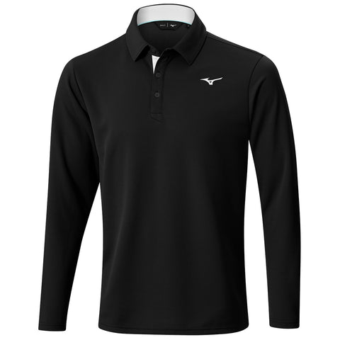 A black long-sleeve polo shirt with a collar is displayed hanging. The shirt features a white logo on the left chest and has a contrasting white inner collar.