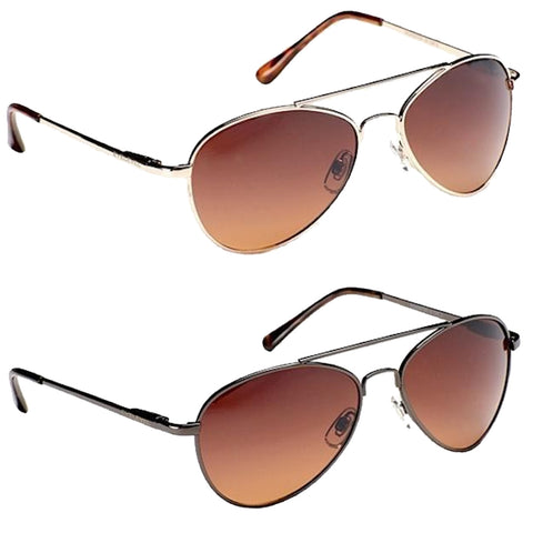 Two pairs of sunglasses are displayed one above the other. Each pair is designed with an aviator style featuring gradient brown lenses and thin metallic frames showcasing their stylish appearance.