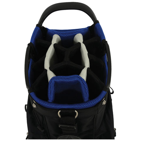 A black bag with a blue and gray mesh interior is designed with compartments for organizing items the bag is empty and placed on a flat surface.