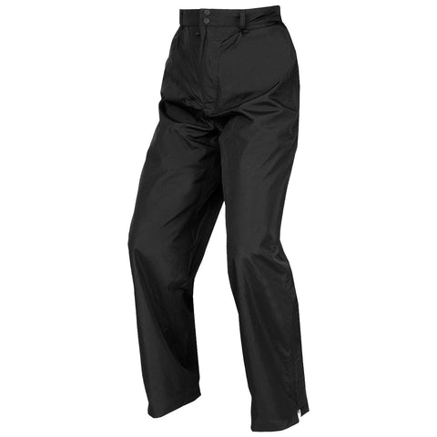 Black rain pants stand upright displaying a smooth fabric surface with a waistband and two buttons at the front suitable for outdoor activities in wet weather.