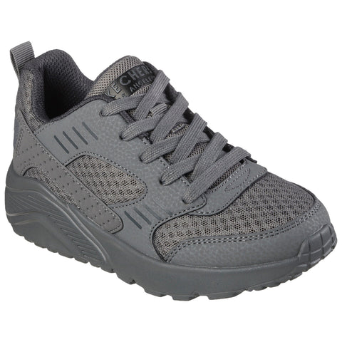 A gray sneaker features a mesh upper with textured panels and a cushioned sole with a patterned tread designed for comfort and traction suitable for casual wear or athletic activities.