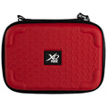 A rectangular red case with a honeycomb texture is closed and features a black zipper and a small brand label in the center displaying the name Xo Max.