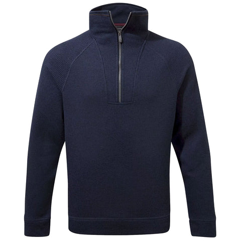 A dark navy pullover sweater with a half zipper is displayed hanging vertically against a neutral background showcasing its textured fabric and long sleeves for warmth and comfort.