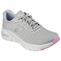 A gray athletic shoe with a breathable mesh upper and a cushioned sole is prominently displayed. The shoe features a pink accent near the toe and branding on the side.