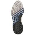 A shoe sole is displayed showcasing a patterned tread design with alternating sections of flexible and solid material located against a white background indicating an overview of athletic footwear.