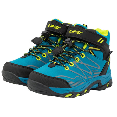 A pair of blue and black hiking boots features bright yellow accents and a high-top design with a secure lacing system set against a plain white background.