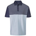 A short-sleeve polo shirt features a striped navy blue upper section and a light blue lower section with a collar and button placket displayed against a plain white background.