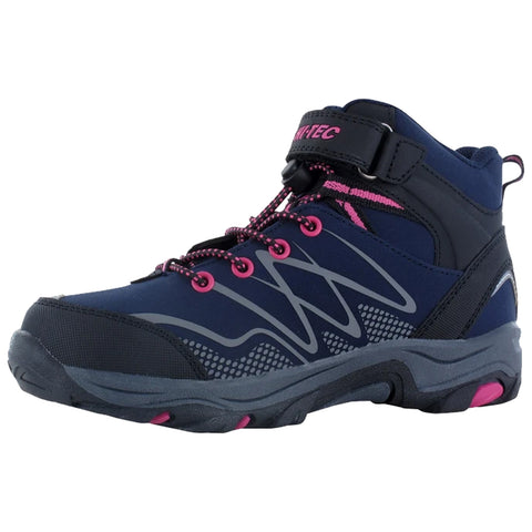 A navy-blue hiking boot features pink accents and a secure Velcro strap. The design includes textured materials and a sturdy sole, suitable for outdoor activities on varied terrain.