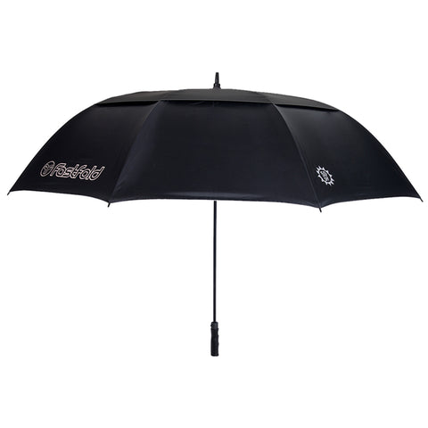 A black umbrella with a sturdy handle stands open, providing coverage from sun or rain, designed for outdoor use with a branded logo on the fabric.