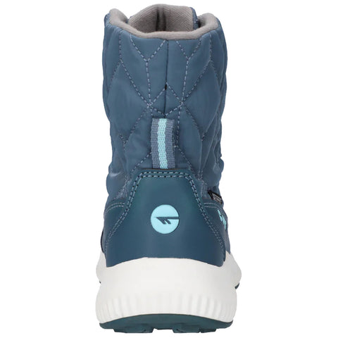 A blue quilted boot stands upright showing a padded collar and a rubber sole with light blue accents in a neutral setting suitable for outdoor wear.