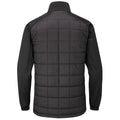 A padded black jacket hangs vertically featuring a quilted design on the back and smooth black sleeves. The context suggests it is displayed on a neutral surface for showcasing.