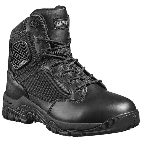 A black tactical boot features a combination of leather and mesh materials it is designed for durability and comfort in rugged conditions and is secured with laces and eyelets.