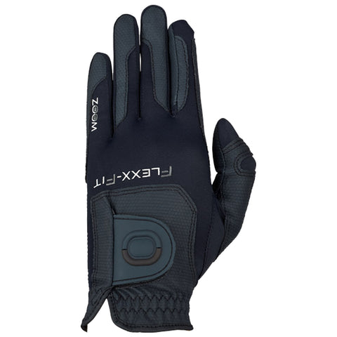 A dark glove with a textured palm and fingers is positioned upright showcasing its detailed design and elastic wrist, suitable for enhancing grip and comfort during activities.